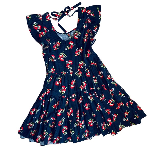 Jill Stuart Women’s NEW Sz XS Red Blue Floral Flutter Sleeve Tiered Ruffle Dress - Picture 5 of 9